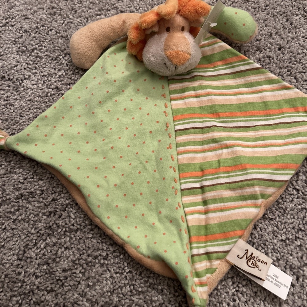 Maison Chic Orange Green‎ Lion Security Blanket Knotted Corners Lovey